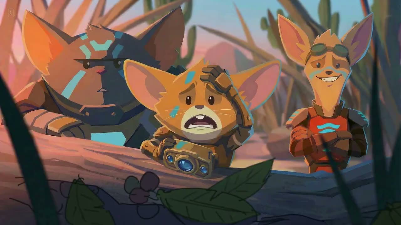 完成した『Mech Mice』のコマ。砂漠の低木の中で、丸太越しに顔をのぞかせている3匹のネズミ