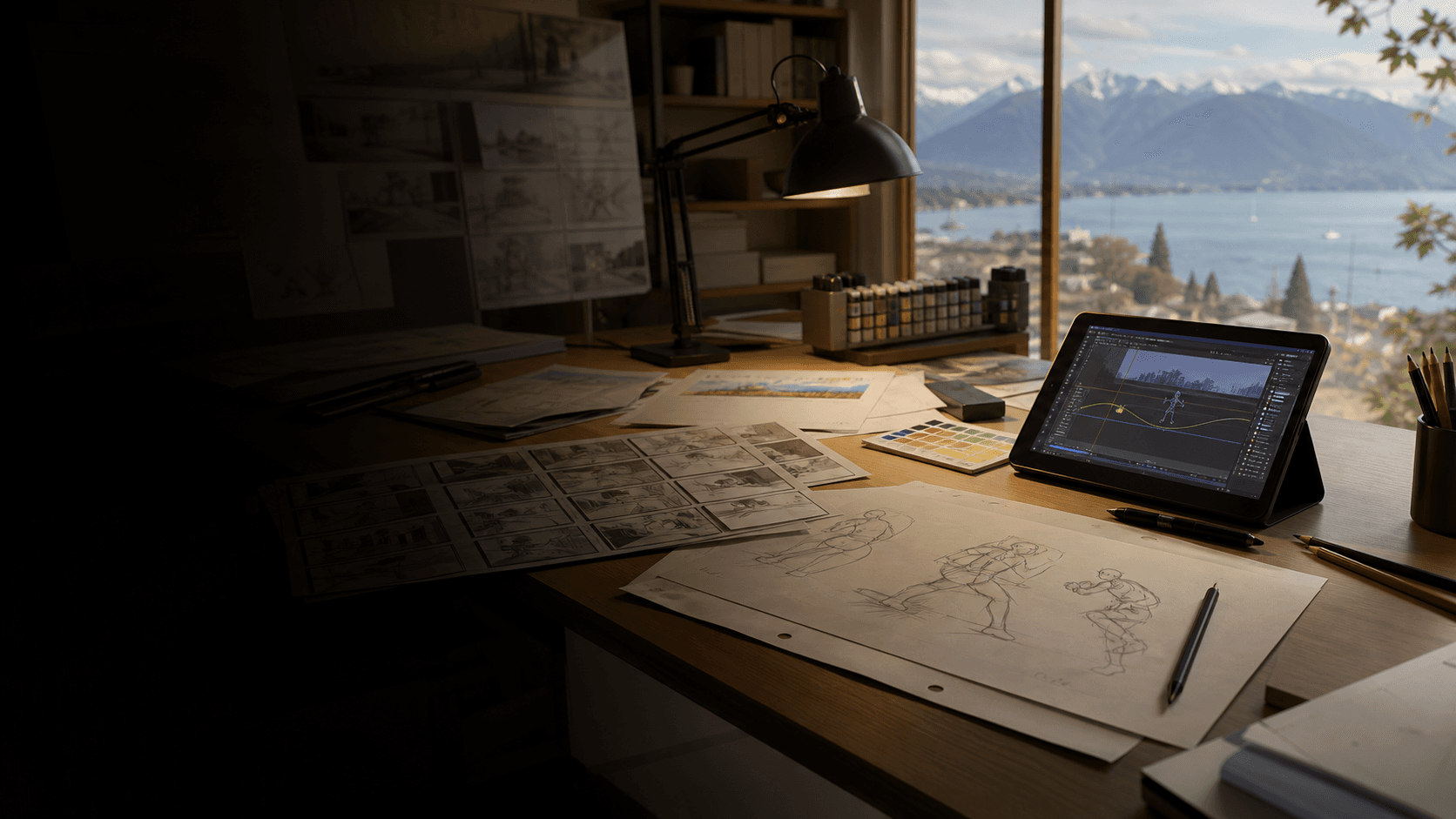 Anime production desk with storyboards, animation sheets, color swatches, and production interface elements