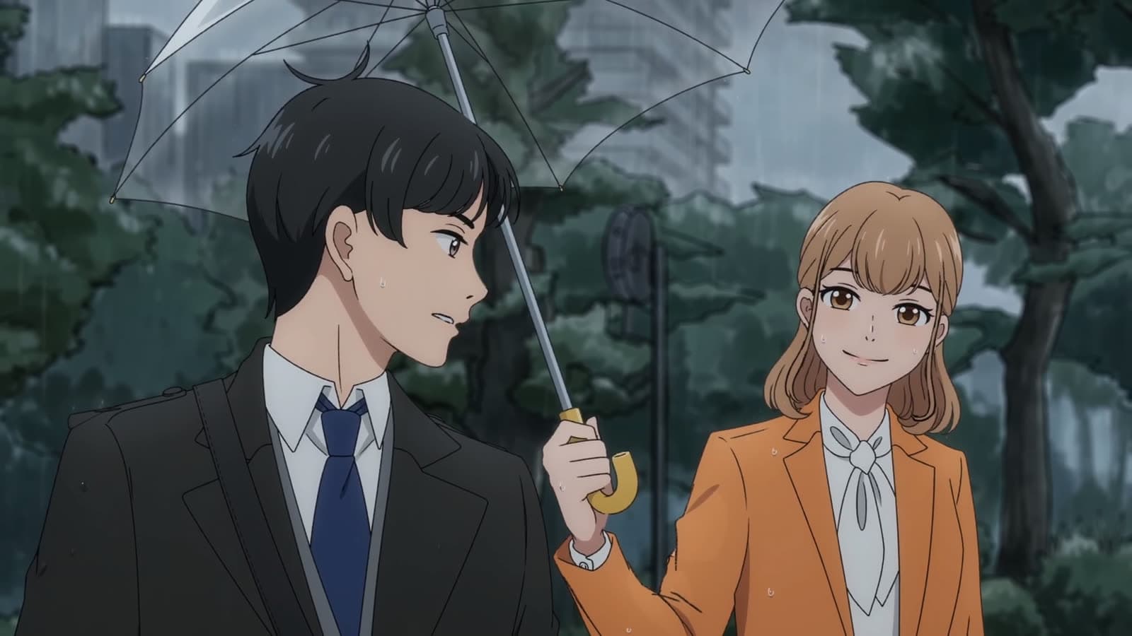 『雨の日』のラストシーンの静止画。雨の中、１本の傘を共有する2人の通勤者