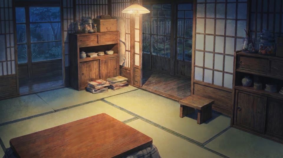 A painted night interior background from Tool Spirits, lamplight falling across a quiet workshop room