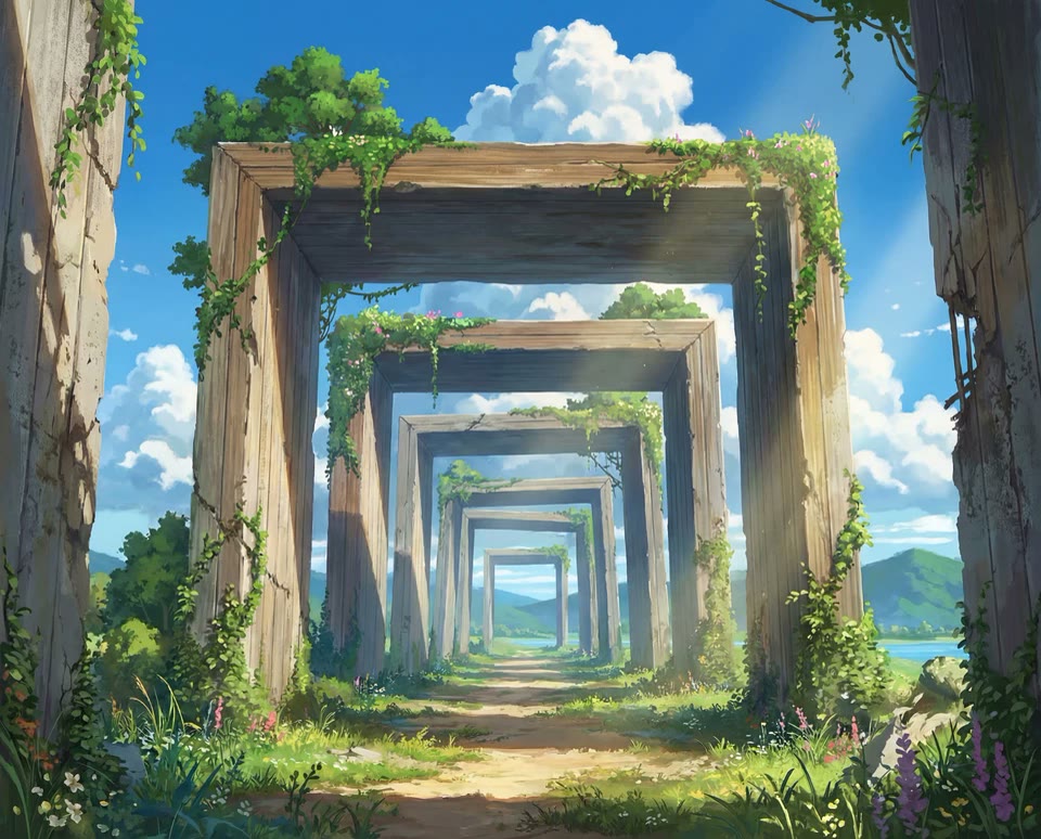 A WonderCanvas world still of a tunnel of red torii gates receding into soft light