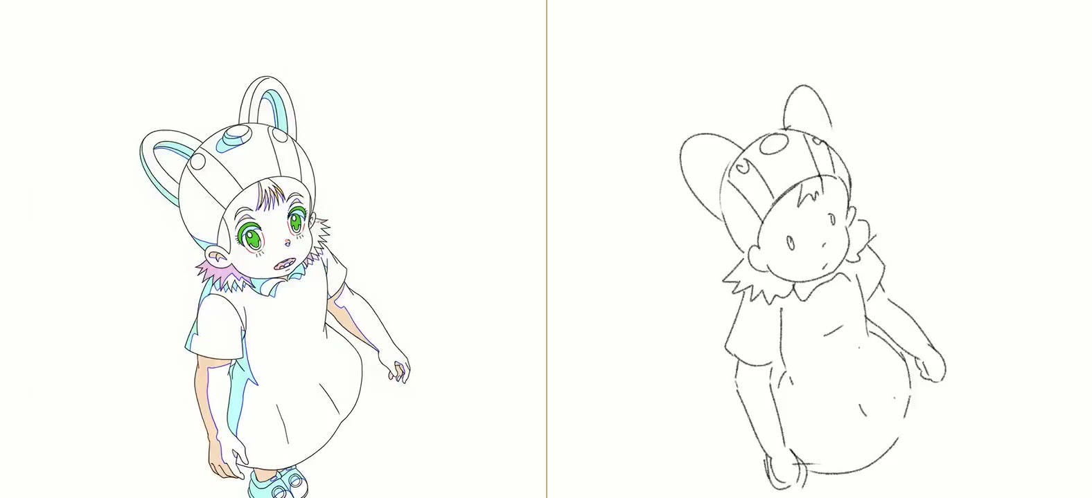 The same drawing twice: a loose rough sketch beside its refined on-model genga, the before and after of MagicPen