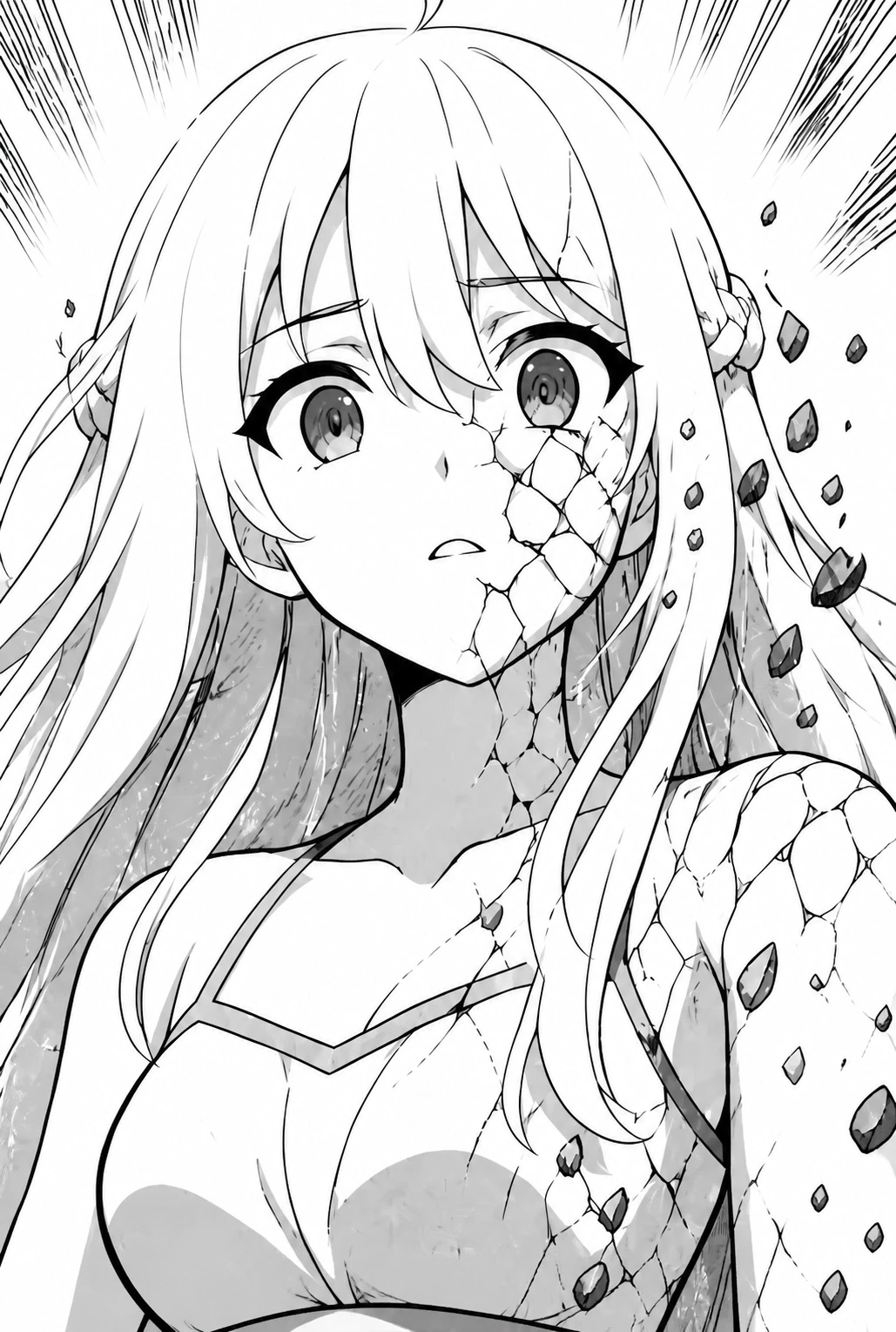 Extracted portrait panel of the light-haired character in close-up