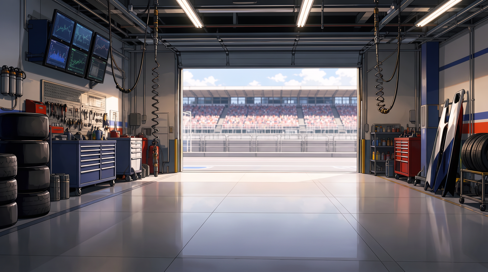 Pit garage interior looking out to the grandstand
