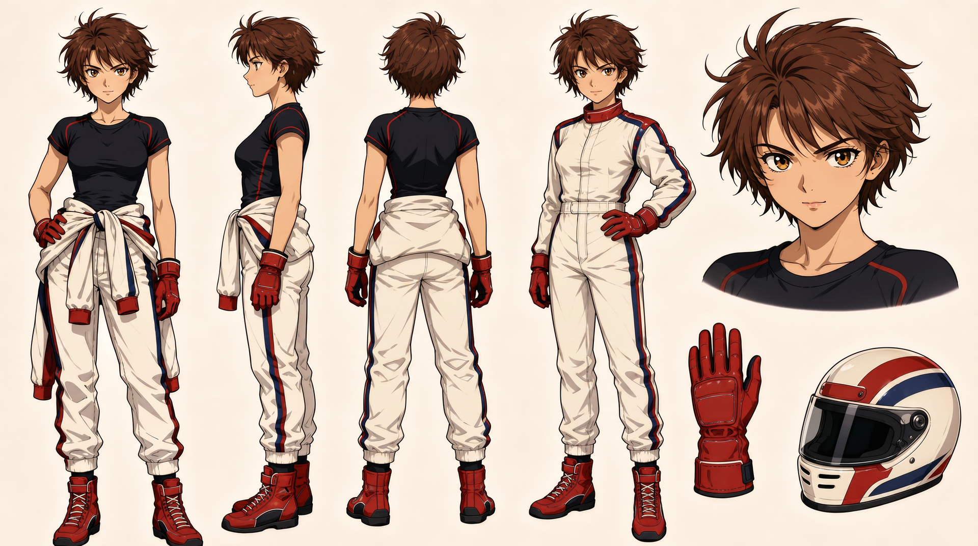 Driver model sheet — front, side, back and three-quarter views with helmet and gloves