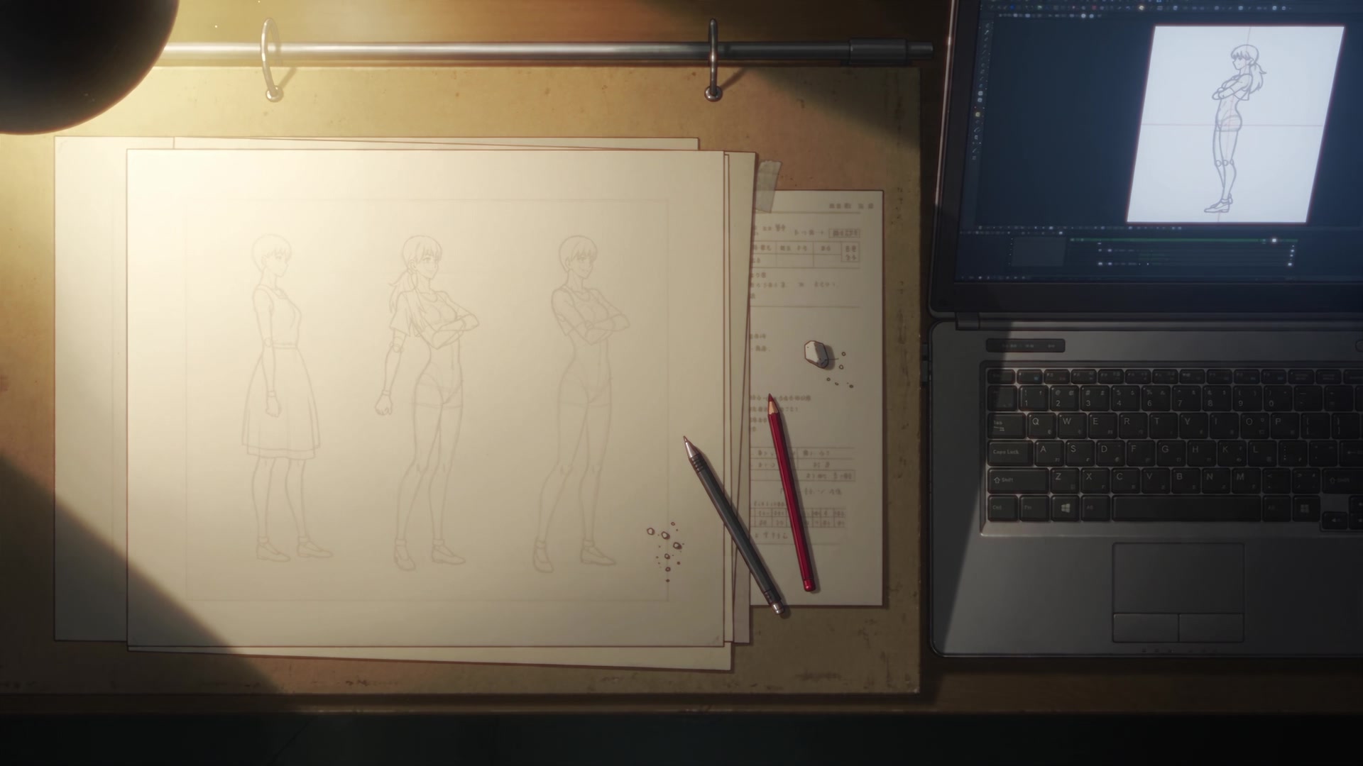 An animator's desk from above — a character model sheet pegged on the bar, a timing sheet and pencils beside it, and a laptop at the edge of the desk carrying the same character